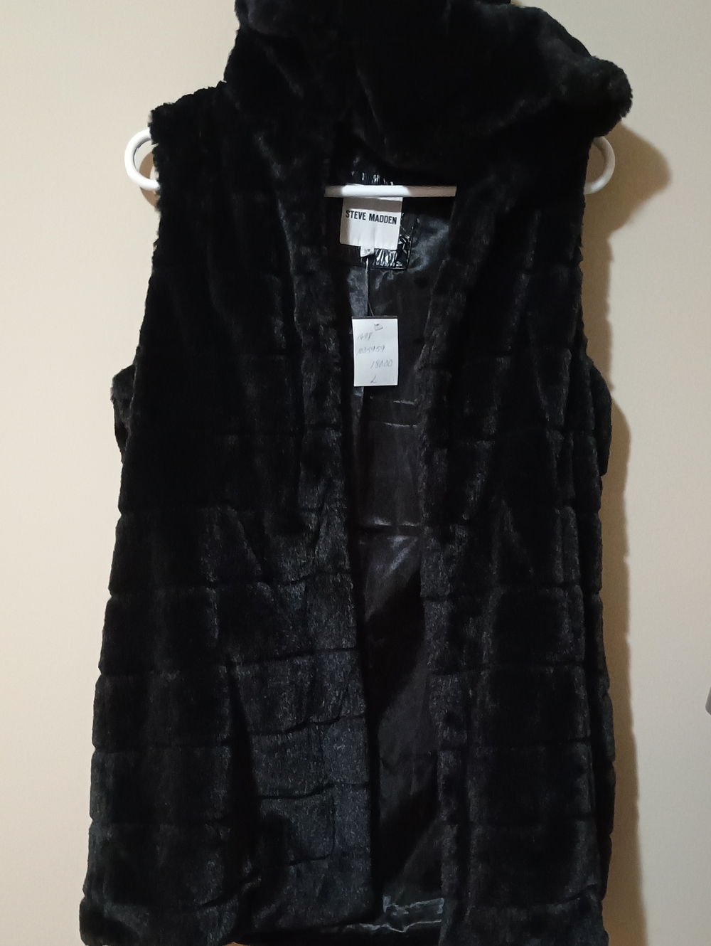 Steve Madden Sophee Black Quilted Faux Fur Hooded Vest Large NWT